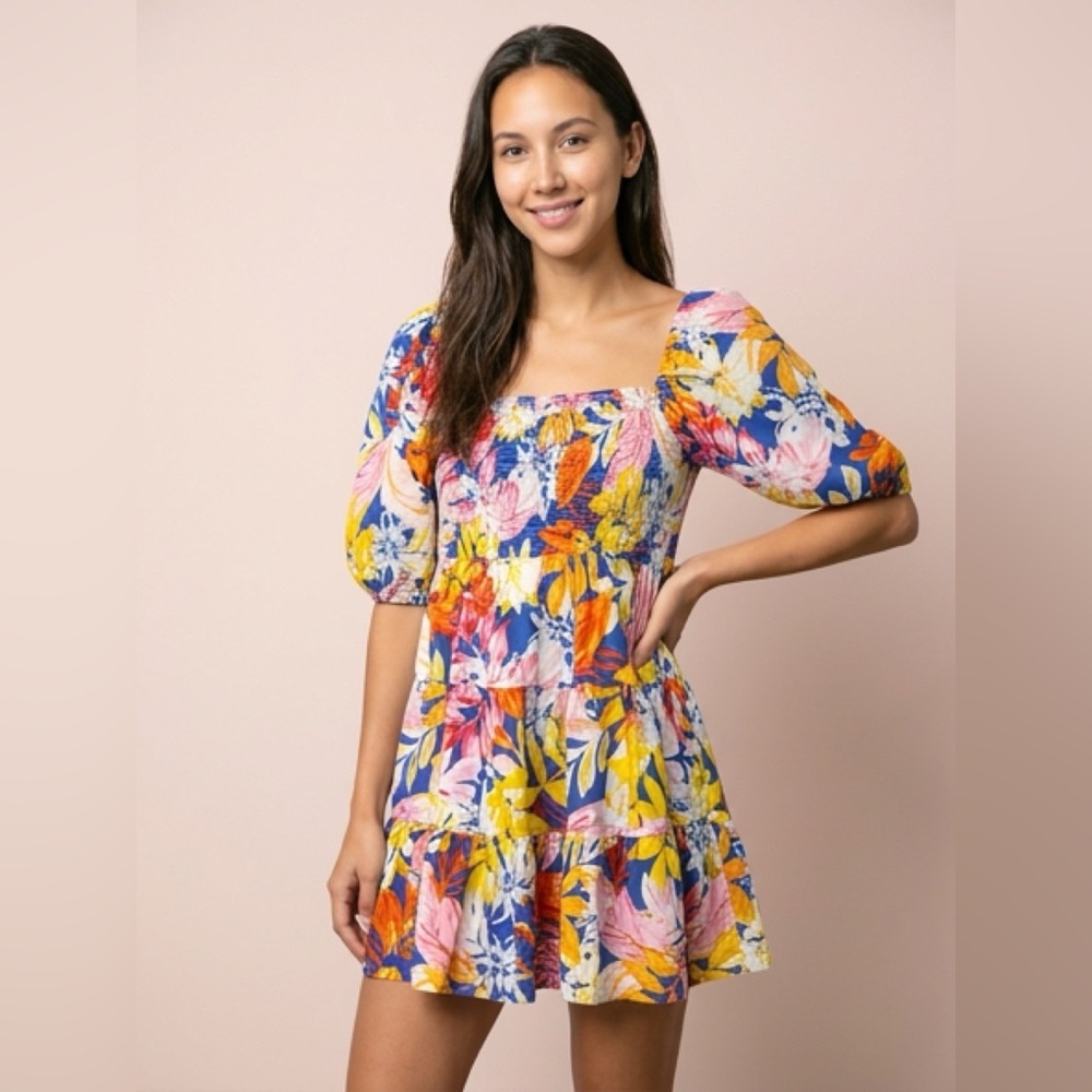 Flying Tomato Smocked Puff Sleeve Cotton Floral Dress S - Anthropologie - Picture 4 of 7